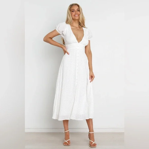 white dress with pink polka dots Hourglass swing dress in white with red polka dots from Pretty Dress Company